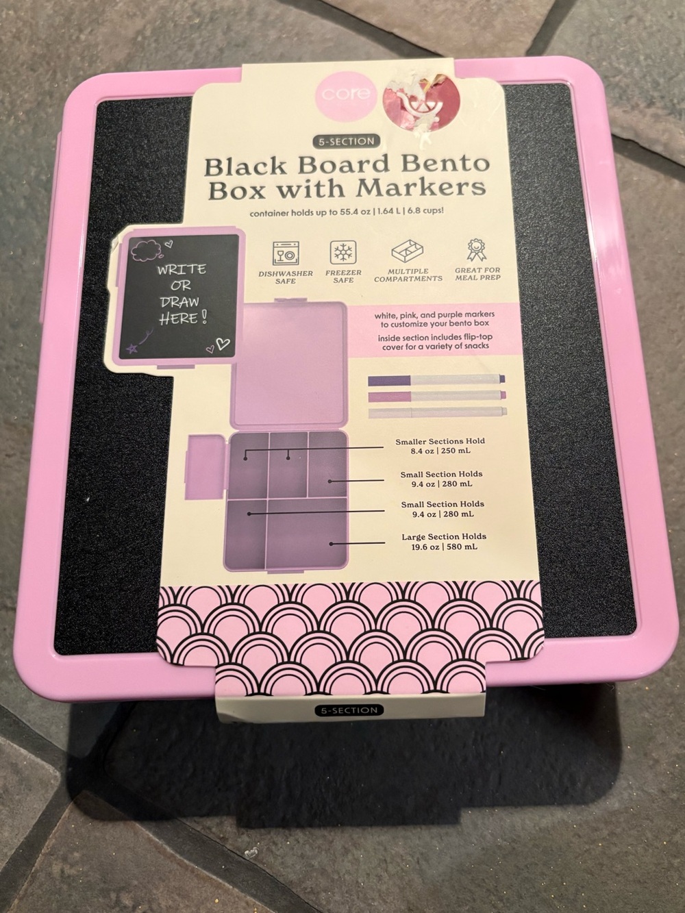 Core Pink Blackboard Bento Box with Markers - 5-Section Lunch Container